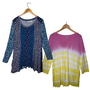 Logo Lori Goldstein‎ Tunic Set 2 Large Pink Yellow Tie Dye Blue Mixed Print Tops
